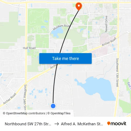 Northbound SW 27th Street @ SW 35th Place to Alfred A. McKethan Stadium at Perry Field map