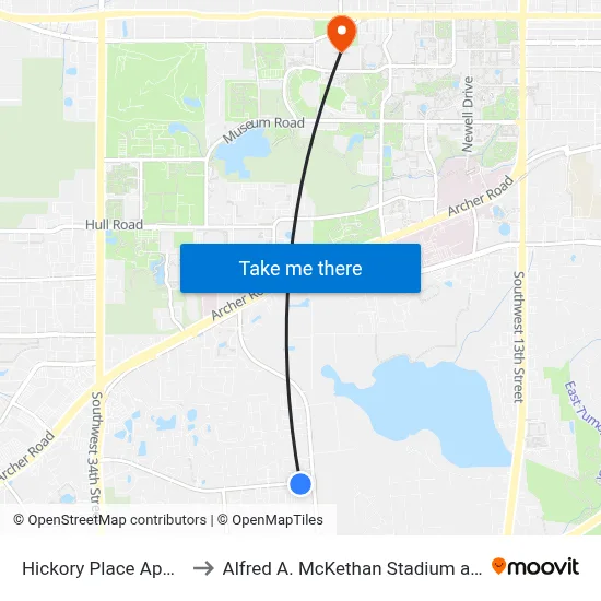 Hickory Place Apartments to Alfred A. McKethan Stadium at Perry Field map