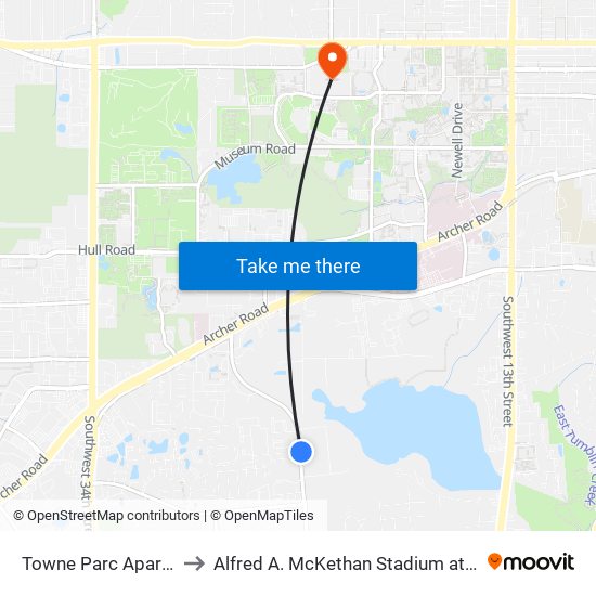 Towne Parc Apartments to Alfred A. McKethan Stadium at Perry Field map