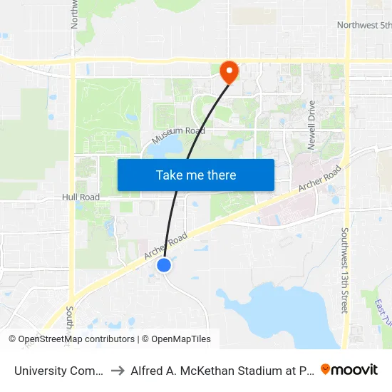 University Commons to Alfred A. McKethan Stadium at Perry Field map