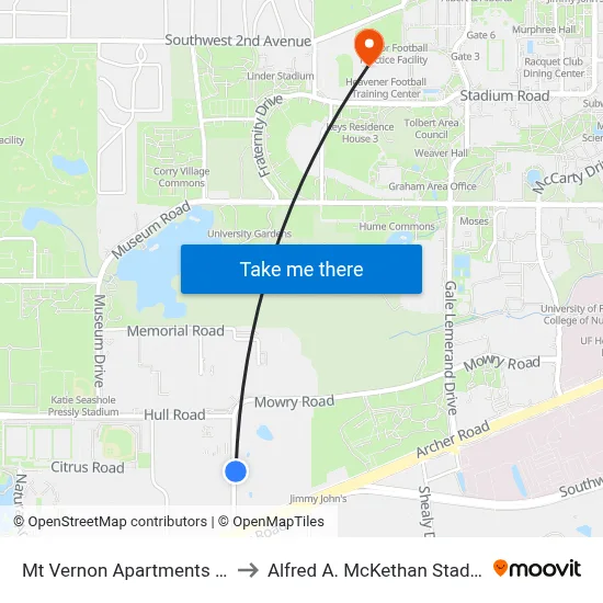 Mt Vernon Apartments @ SW 23rd Drive to Alfred A. McKethan Stadium at Perry Field map