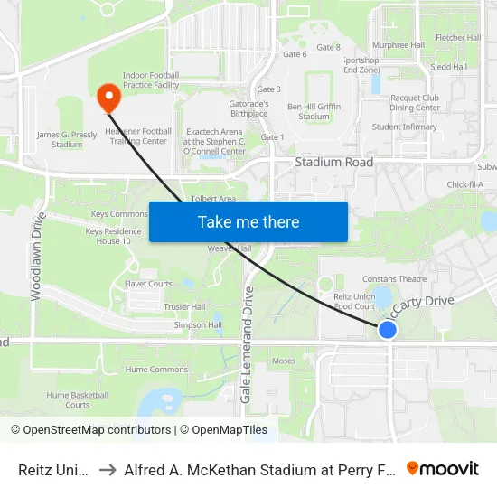 Reitz Union to Alfred A. McKethan Stadium at Perry Field map