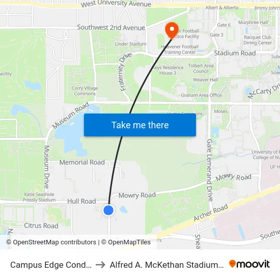 Campus Edge Condominiums to Alfred A. McKethan Stadium at Perry Field map