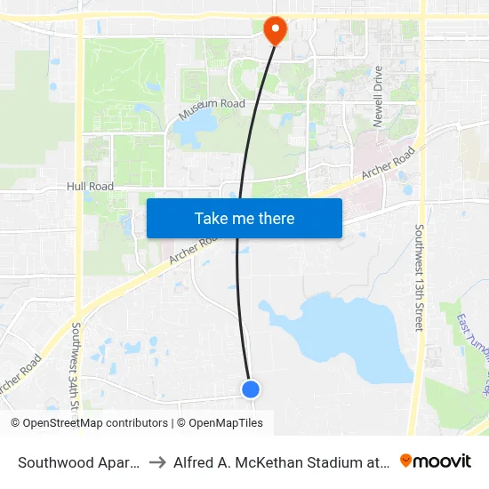 Southwood Apartments to Alfred A. McKethan Stadium at Perry Field map