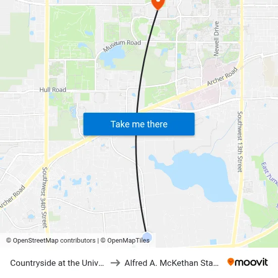 Countryside at the University Apartments to Alfred A. McKethan Stadium at Perry Field map