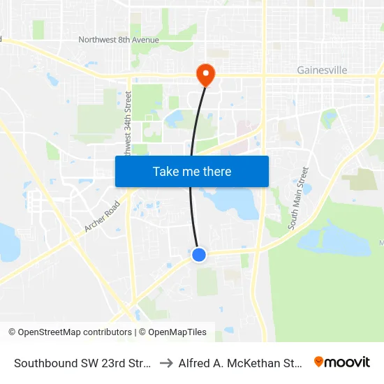 Southbound SW 23rd Street @ Williston Road to Alfred A. McKethan Stadium at Perry Field map