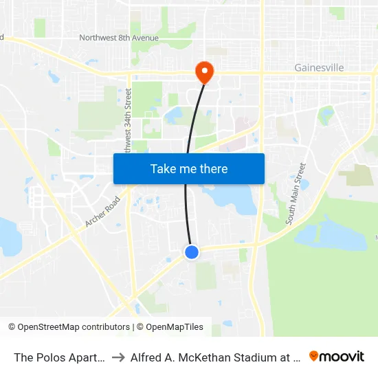 The Polos Apartments to Alfred A. McKethan Stadium at Perry Field map