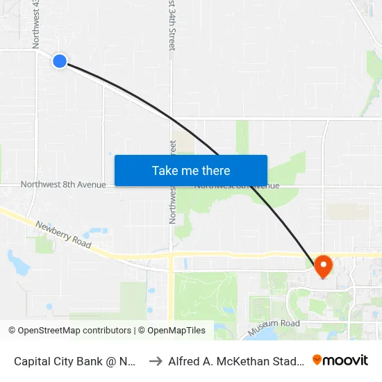 Capital City Bank @ NW 16th Boulevard to Alfred A. McKethan Stadium at Perry Field map