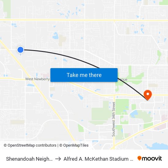 Shenandoah Neighborhood to Alfred A. McKethan Stadium at Perry Field map