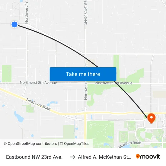 Eastbound NW 23rd Avenue @ NW 46th Street to Alfred A. McKethan Stadium at Perry Field map