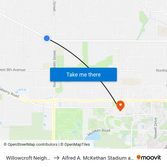 Willowcroft Neighborhood to Alfred A. McKethan Stadium at Perry Field map