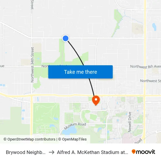 Brywood Neighborhood to Alfred A. McKethan Stadium at Perry Field map