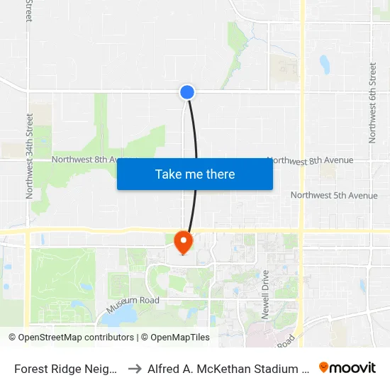 Forest Ridge Neighborhood to Alfred A. McKethan Stadium at Perry Field map