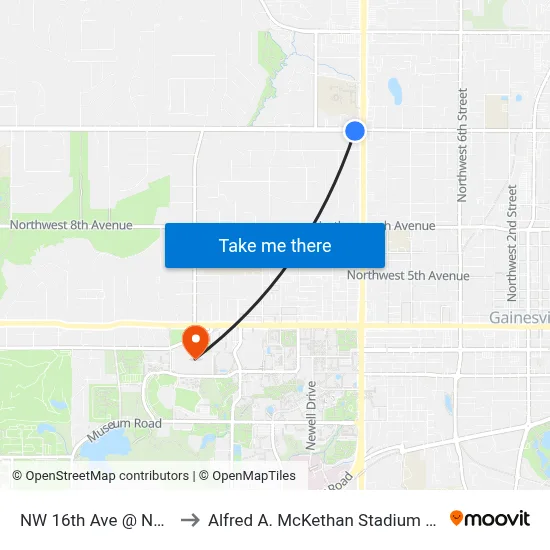NW 16th Ave @ NW 13th St to Alfred A. McKethan Stadium at Perry Field map