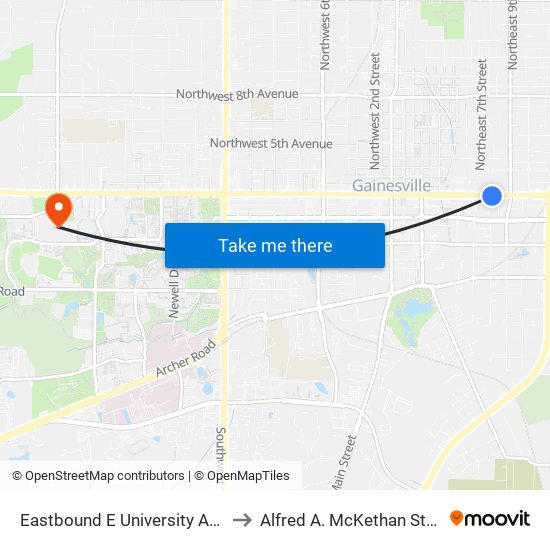 Eastbound E University Avenue @ SE 8th Street to Alfred A. McKethan Stadium at Perry Field map