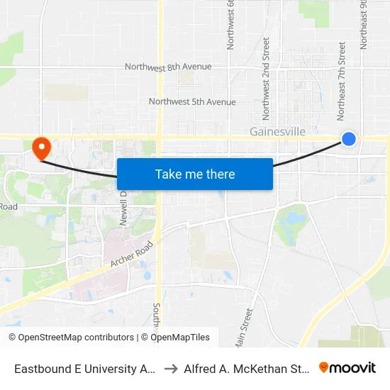 Eastbound E University Avenue @ SE 8th Street to Alfred A. McKethan Stadium at Perry Field map