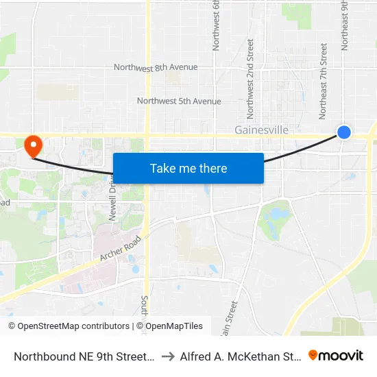 Northbound NE 9th Street @ E University Avenue to Alfred A. McKethan Stadium at Perry Field map