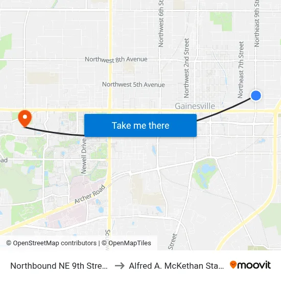 Northbound NE 9th Street @ NE 3rd Avenue to Alfred A. McKethan Stadium at Perry Field map