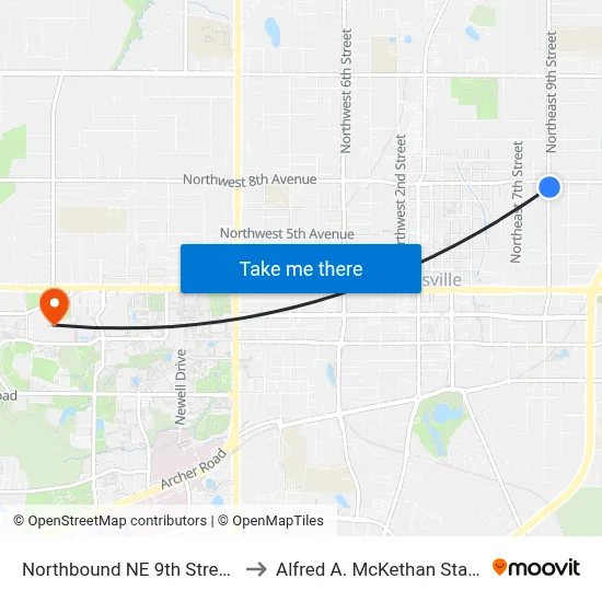 Northbound NE 9th Street @ NE 8th Avenue to Alfred A. McKethan Stadium at Perry Field map