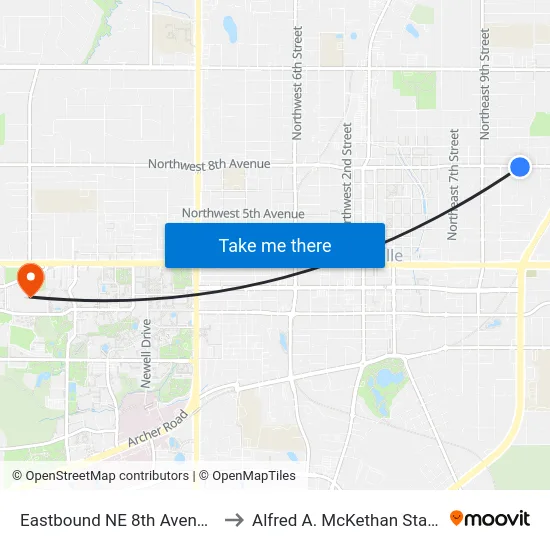 Eastbound NE 8th Avenue @ NE 11th Street to Alfred A. McKethan Stadium at Perry Field map