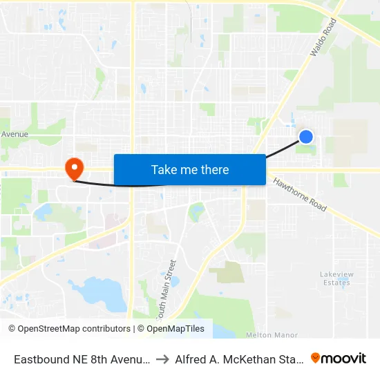 Eastbound NE 8th Avenue @ NE 22nd Street to Alfred A. McKethan Stadium at Perry Field map