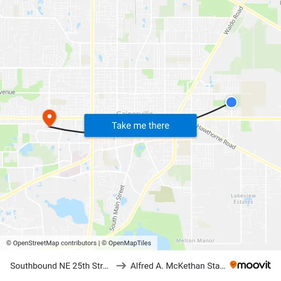 Southbound NE 25th Street @ NE 6th Avenue to Alfred A. McKethan Stadium at Perry Field map
