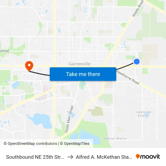 Southbound NE 25th Street @ NE 3rd Place to Alfred A. McKethan Stadium at Perry Field map