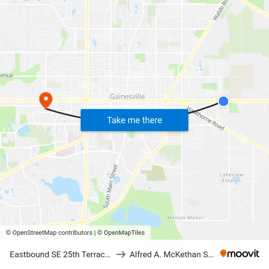 Eastbound SE 25th Terrace @ E University Avenue to Alfred A. McKethan Stadium at Perry Field map