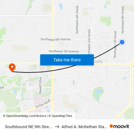 Southbound NE 9th Street @ NE 7th Avenue to Alfred A. McKethan Stadium at Perry Field map