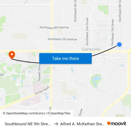 Southbound NE 9th Street @ NE 3rd Avenue to Alfred A. McKethan Stadium at Perry Field map