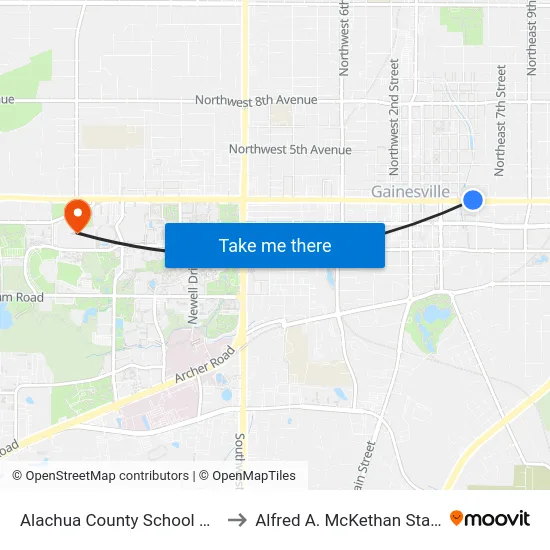 Alachua County School Board Administration to Alfred A. McKethan Stadium at Perry Field map