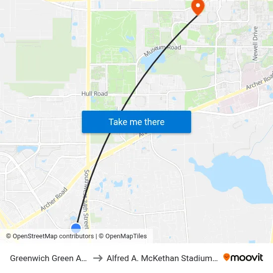 Greenwich Green Apartments to Alfred A. McKethan Stadium at Perry Field map