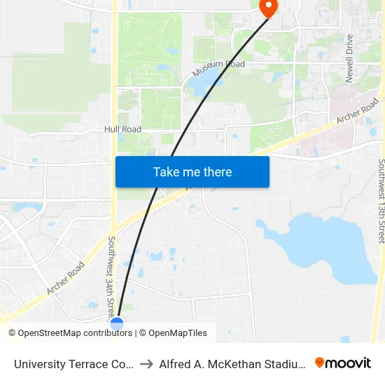 University Terrace Condominiums to Alfred A. McKethan Stadium at Perry Field map