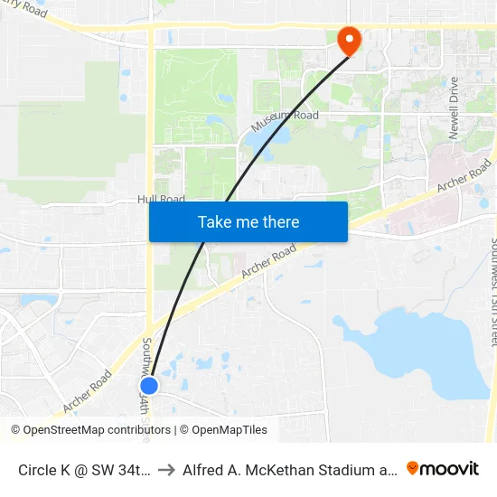 Circle K @ SW 34th Street to Alfred A. McKethan Stadium at Perry Field map