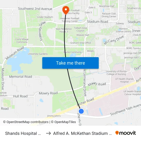 Shands Hospital @ Helipad to Alfred A. McKethan Stadium at Perry Field map
