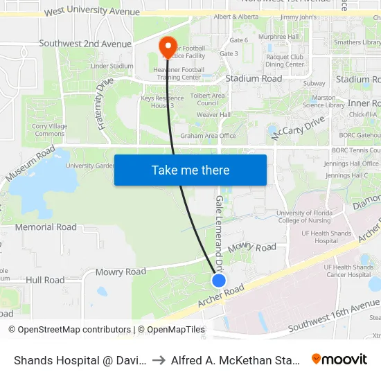 Shands Hospital @ Davis Cancer Pavilion to Alfred A. McKethan Stadium at Perry Field map