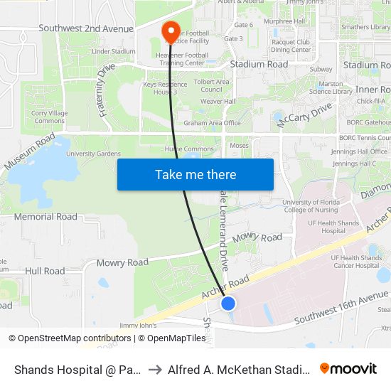 Shands Hospital @ Parking Garage 9 to Alfred A. McKethan Stadium at Perry Field map