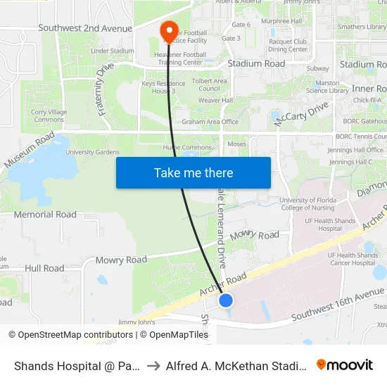 Shands Hospital @ Parking Garage 9 to Alfred A. McKethan Stadium at Perry Field map