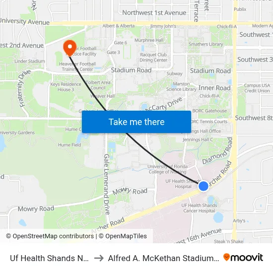 Uf Health Shands North Tower to Alfred A. McKethan Stadium at Perry Field map