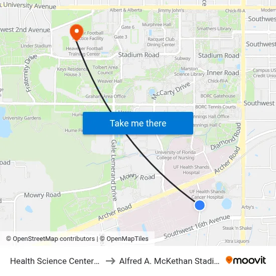 Health Science Center Administration to Alfred A. McKethan Stadium at Perry Field map