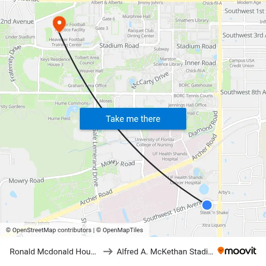 Ronald Mcdonald House Of Gainesville to Alfred A. McKethan Stadium at Perry Field map