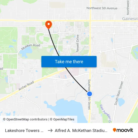 Lakeshore Towers Apartments to Alfred A. McKethan Stadium at Perry Field map