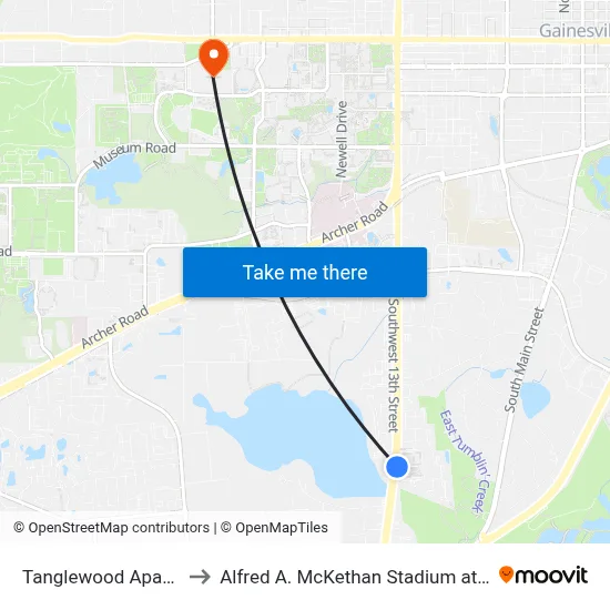 Tanglewood Apartments to Alfred A. McKethan Stadium at Perry Field map
