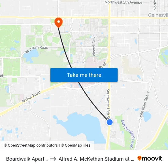 Boardwalk Apartments to Alfred A. McKethan Stadium at Perry Field map