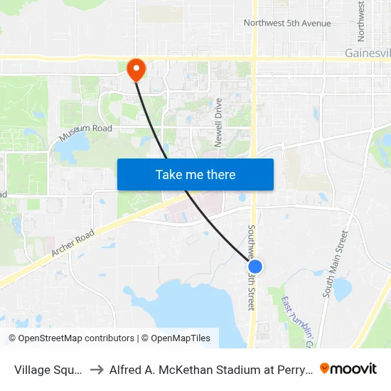 Village Square to Alfred A. McKethan Stadium at Perry Field map