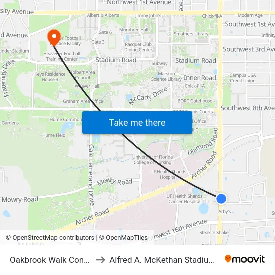 Oakbrook Walk Condominiums to Alfred A. McKethan Stadium at Perry Field map