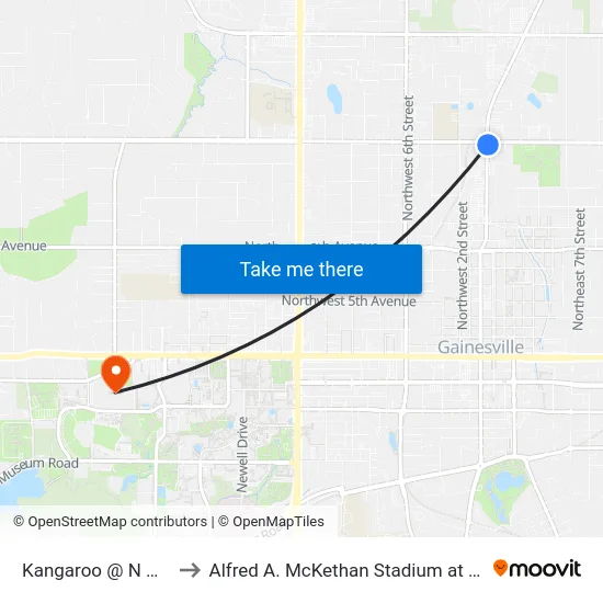 Kangaroo @ N Main St to Alfred A. McKethan Stadium at Perry Field map
