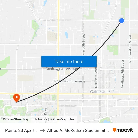 Pointe 23 Apartments to Alfred A. McKethan Stadium at Perry Field map