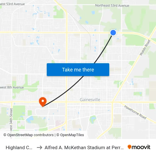 Highland Court to Alfred A. McKethan Stadium at Perry Field map