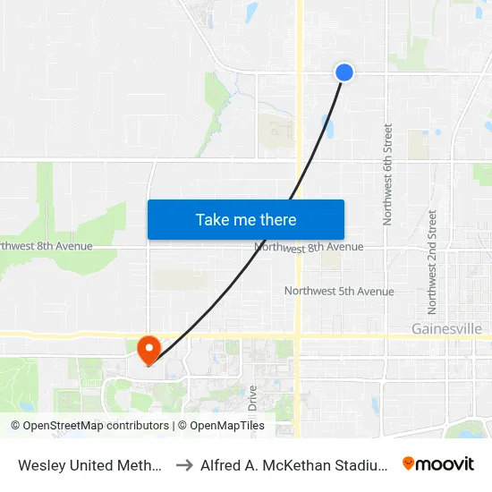 Wesley United Methodist Church to Alfred A. McKethan Stadium at Perry Field map